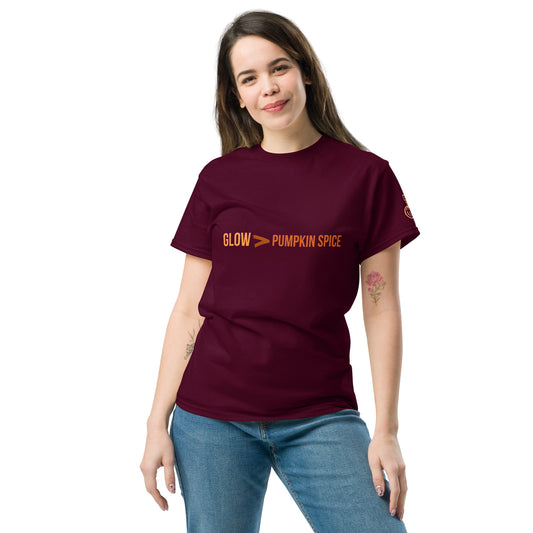 Glow > Pumpkin Spice Tee on maroon unisex shirt - woman model