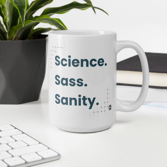 MoxieMart Science Sass Sanity authority mug printed on both sides — ceramic coffee cup in white with bold navy text