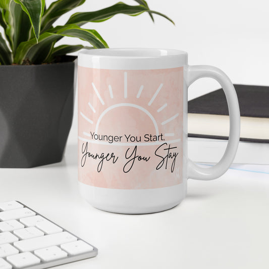 MoxieMart Younger You Start Younger You Stay soul mug — double-sided ceramic coffee cup with blush watercolor design