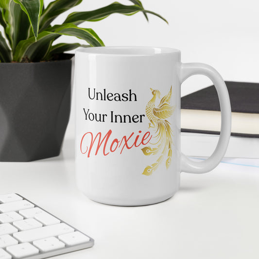 MoxieMart Unleash Your Moxie mug with Phoenix design — double-sided ceramic coffee cup for resilience and glow