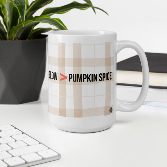 MoxieMart Glow greater than Pumpkin Spice sassy mug — double-sided ceramic fall coffee cup - 15oz