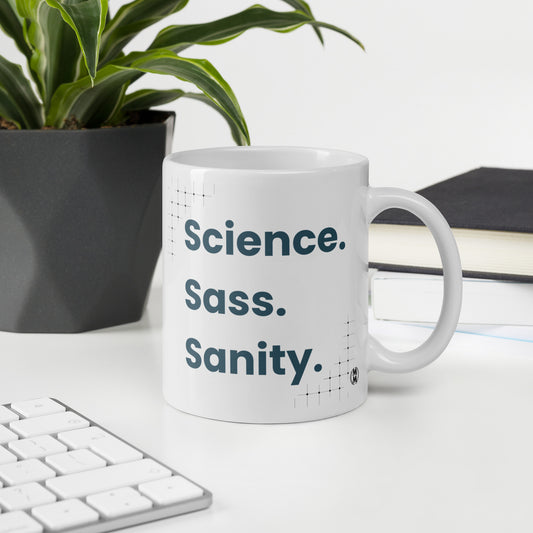 MoxieMart Science Sass Sanity authority mug printed on both sides — ceramic coffee cup in white with bold navy text