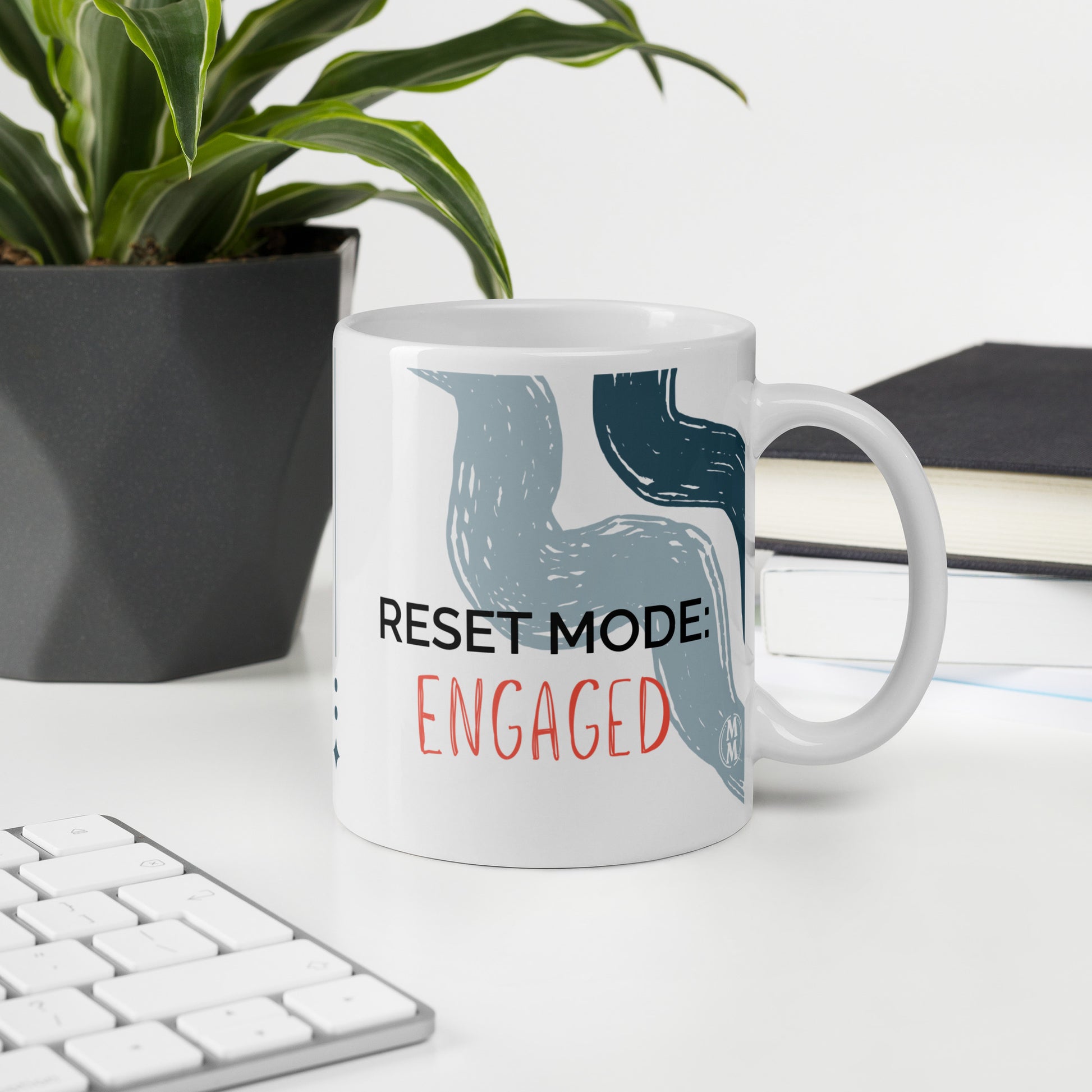 MoxieMart Reset Mode Engaged authority mug printed on both sides — white ceramic coffee cup with navy text