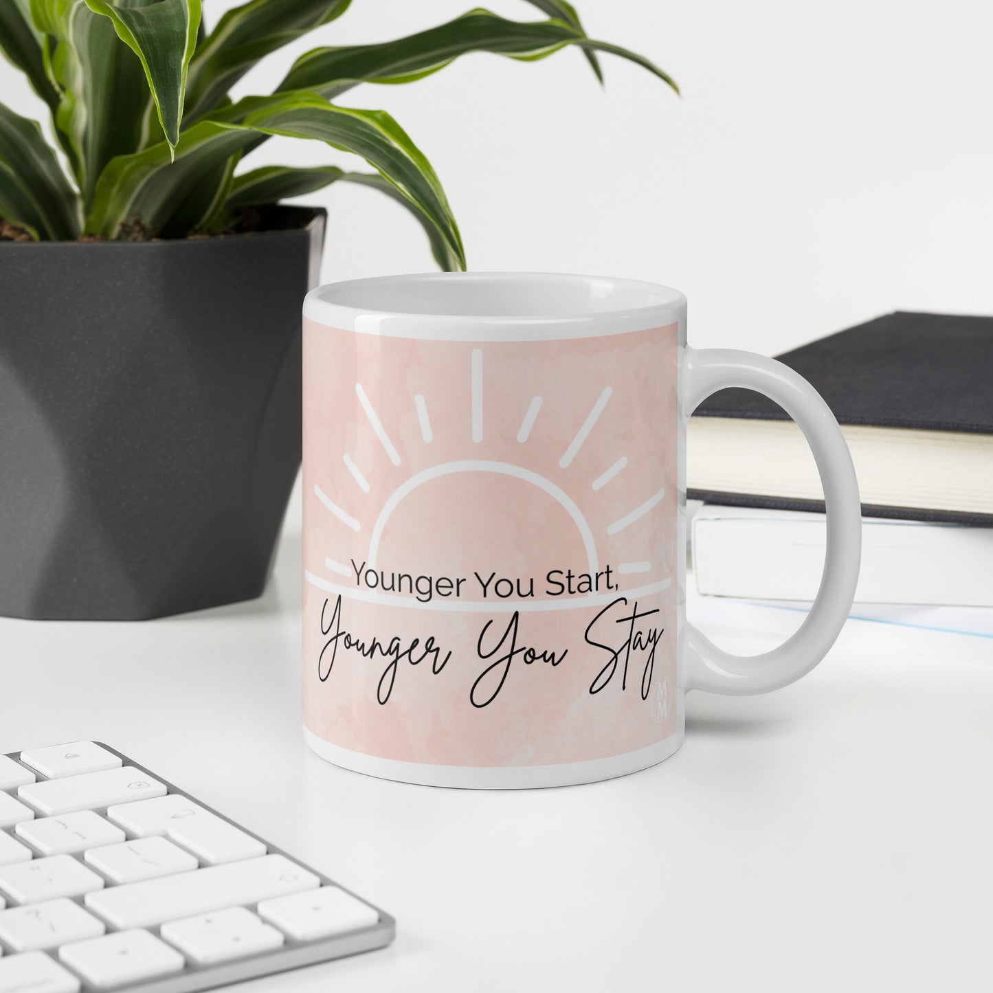MoxieMart Younger You Start Younger You Stay soul mug printed on both sides — ceramic coffee cup with blush watercolor design