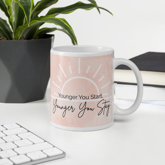MoxieMart Younger You Start Younger You Stay soul mug printed on both sides — ceramic coffee cup with blush watercolor design
