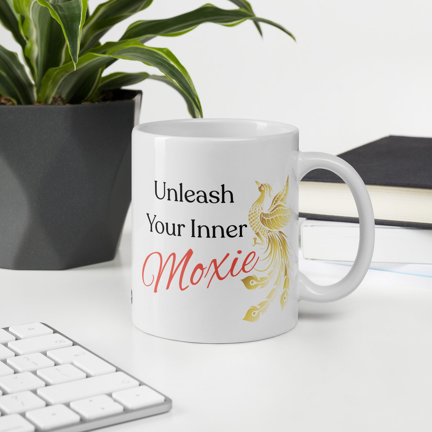 MoxieMart Unleash Your Moxie mug with Phoenix design — double-sided ceramic coffee cup for resilience and glow