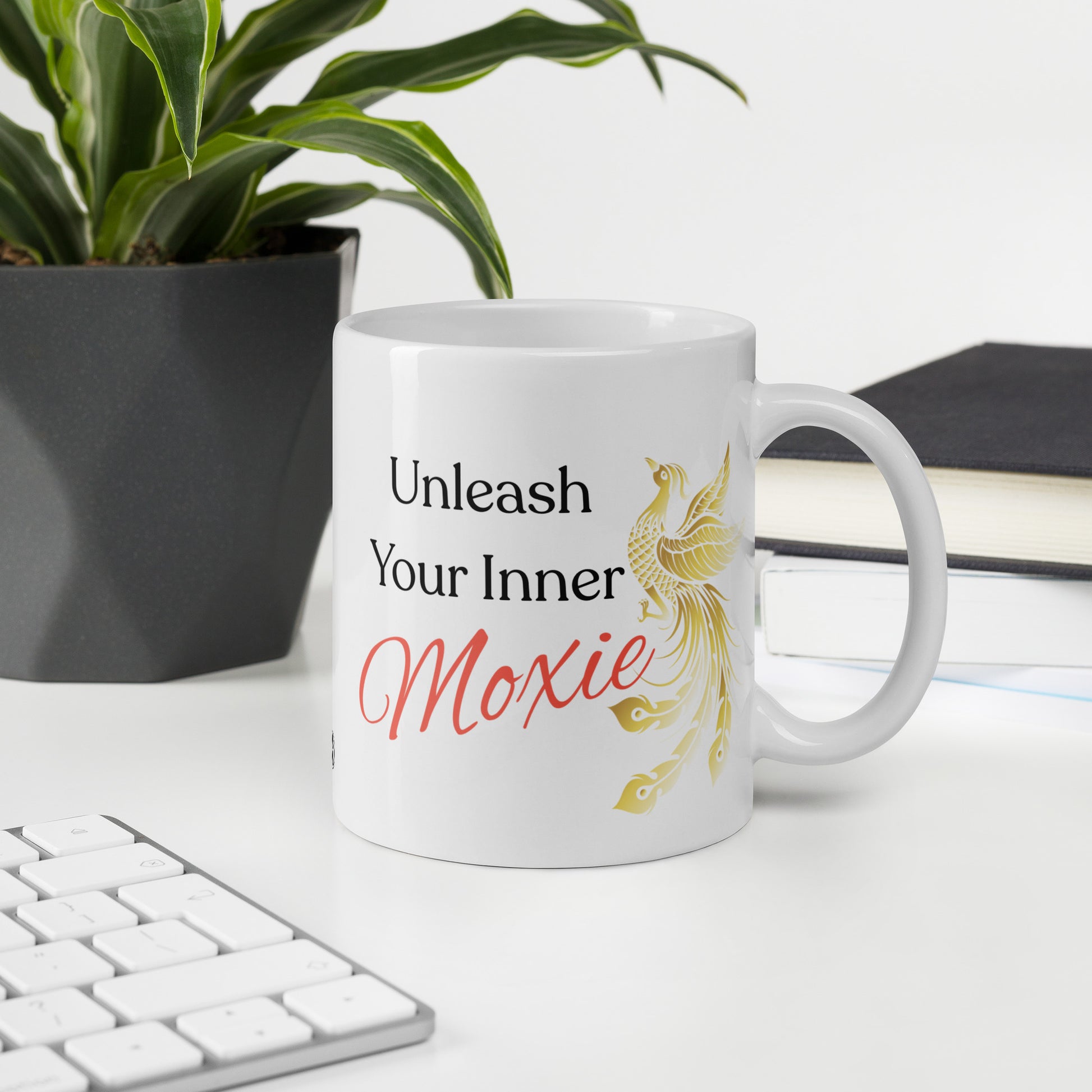 MoxieMart Unleash Your Moxie mug with Phoenix design — double-sided ceramic coffee cup for resilience and glow