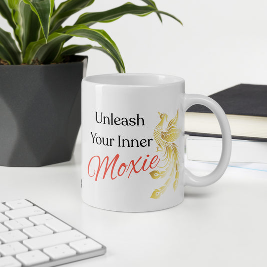 MoxieMart Unleash Your Moxie mug with Phoenix design — double-sided ceramic coffee cup for resilience and glow