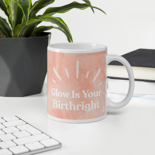 MoxieMart Glow Is Your Birthright soul mug — double-sided ceramic coffee cup with blush watercolor glow design