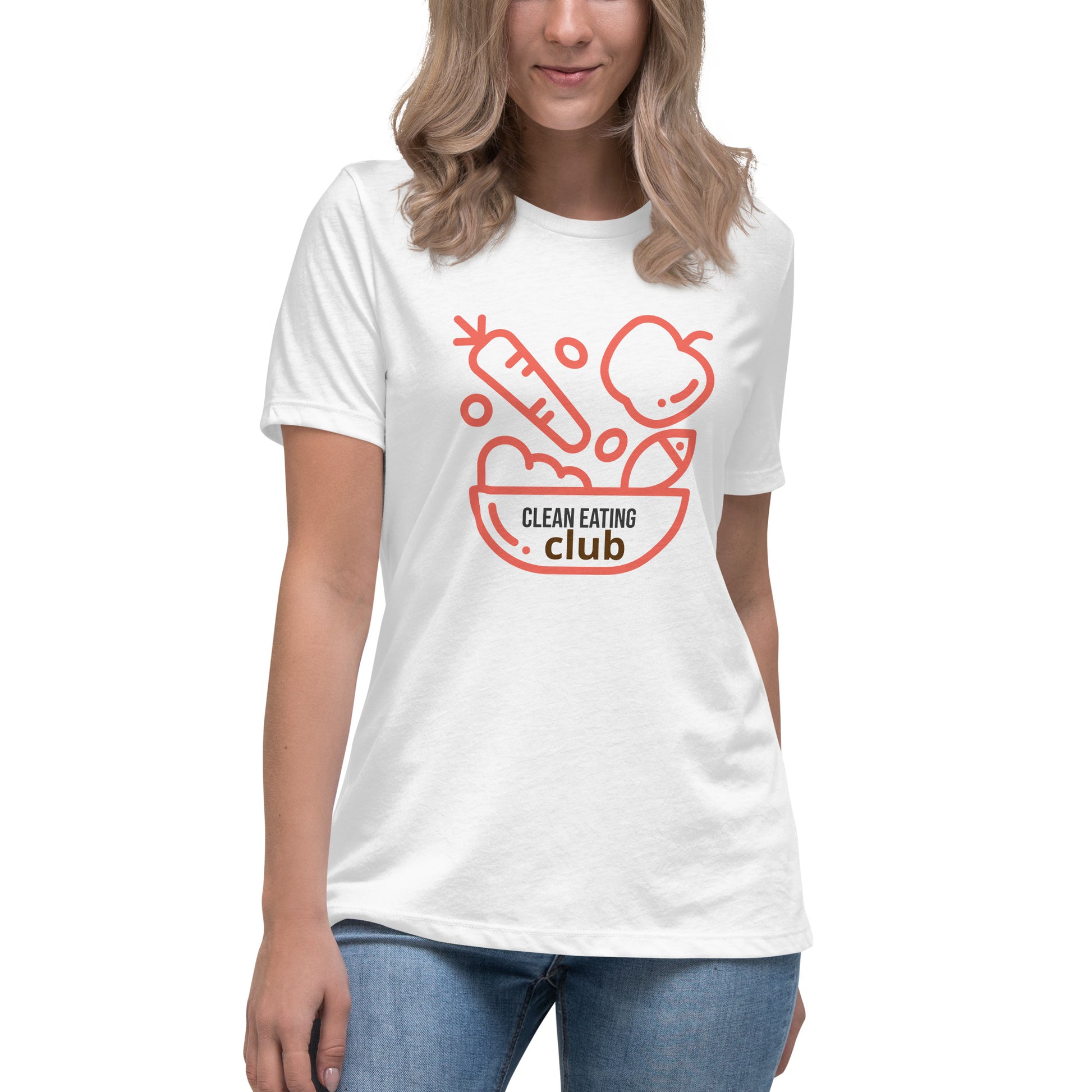 Front View: Clean Eating Club tee – white shirt with bowl and produce graphic in coral